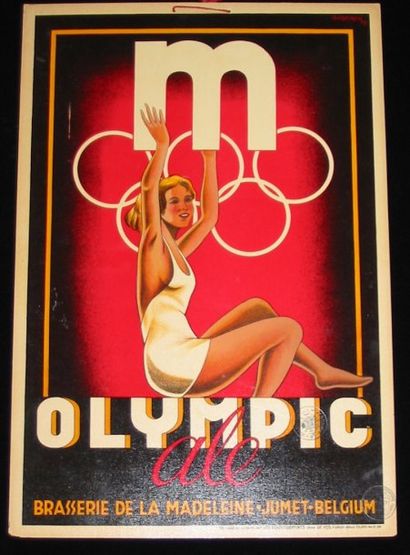 null Carton publicitaire « Olympic Ale » pour une brasserie belge, 1937 (gymnaste...