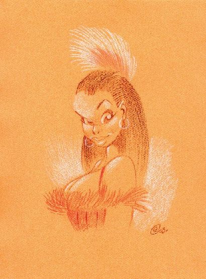 CRISSE Jeune femme en tenue de soirée Dessin original au pastel sur papier orange...