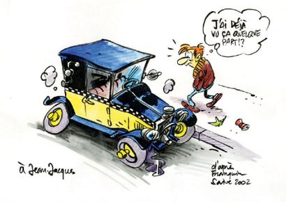SAIVE Hommage à Franquin représentant la voiture de Gaston et un passant étonné Dessin...