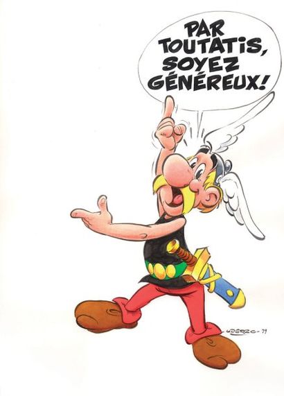 UDERZO Astérix Grand dessin couleur représentant Astérix le gaulois en pied daté...