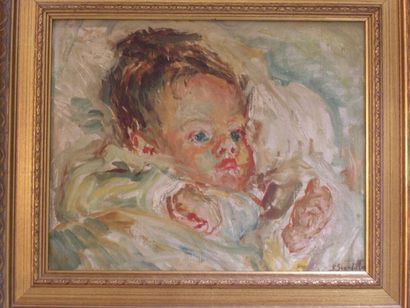 null Berthe Sourdillon (1895-1976) Huile sur isorel, portrait de bébé, signé B. Sourdillon...