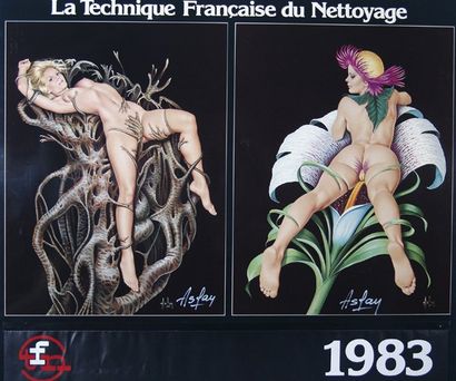 ASLAN Technique franÁaise du nettoyage Calendrier, 1983 sur panneau en carton avec...