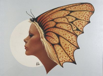 ASLAN Femme papillon Impression laminée sur toile, signée au dos. Prototype non suivi...