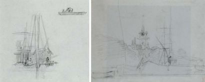 JONGKIND Johan Barthold (1819-1891) "Bateau à quai" Dessin au crayon, signé du cachet...