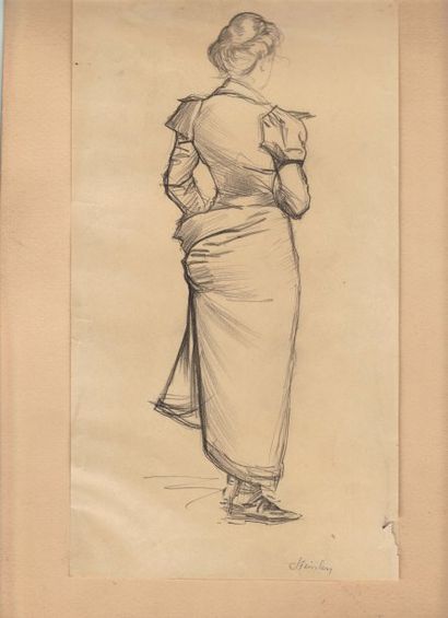 STEINLEN Théophile-Alexandre (1859-1923.) "Etude de femme de dos." Crayon noir. Collé...