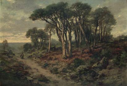 GRENET DE JOIGNY Dominique (1821-1885) "Paysans sur un chemin de campagne" Huile...