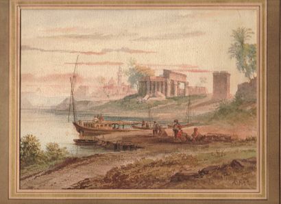 ECOLE FRANCAISE. Milieu du XIXe siècle "Temple en ruine et mosquée le long du Nil."...