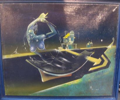 CAYREL (XXe) "Astro-Suréel" Huile sur toile, signée en bas à droite. 35 x 44 cm....