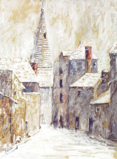 DESNOS Ferdinand (1901-1958) "Rue de village sous la neige" Gouache, signée en bas...
