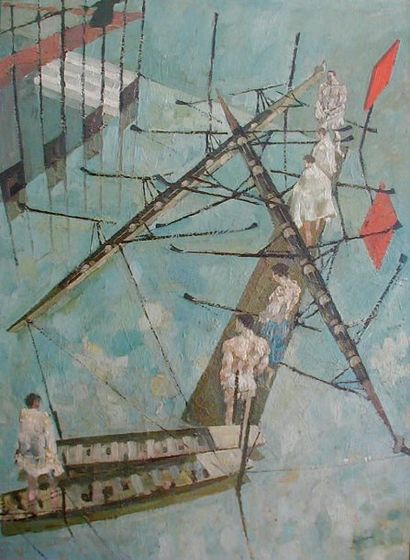 null peinture, huile sur isorel, scène d'aviron (c. 1950), encadrement métal, signature...