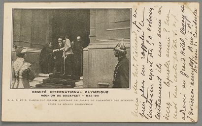 null Carte postale autographe signée de Pierre de Coubertin adressée à son relieur,...