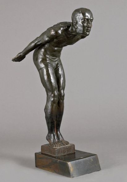null Grand bronze nageur prêt à plonger, signé E. Haberland (1934), représentant...