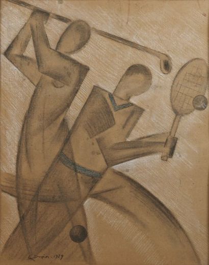 Léo DUPIN (1898-1971) Tennisman et Golfeuse Fusain avec rehauts de craie blanche...
