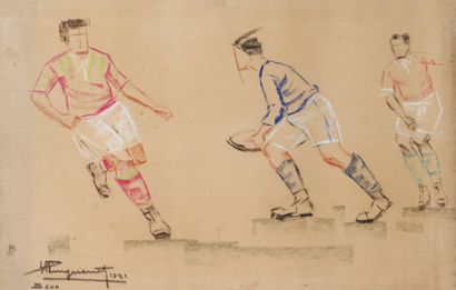 Henri PINGUENET (1889-1972) Rugby, la passe. Pastel signé et daté 1931 en bas à gauche....