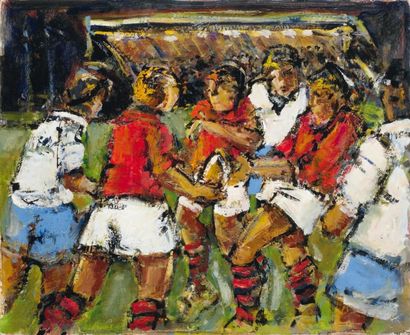 Jacques REVERSAT (1933-2007) Match de rugby Huile sur toile signée au dos. 46 x 55...