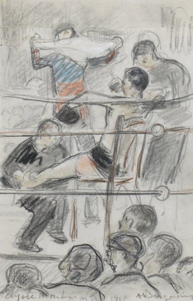 Sports de combat Albert BERGEVIN (1887-1974) Combat de boxe à Elysée-Montmartre Dessin...