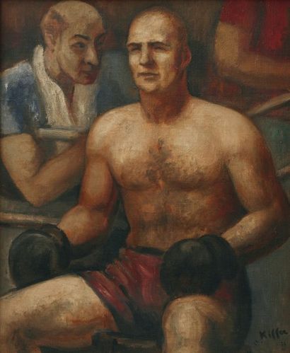 Charles KIFFER (1902-1992) Marcel THIL et son entraîneur dans le coin du ring Huile...