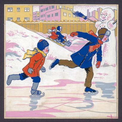 Ecole française vers 1925 Les enfants patinant Gouache sur papier calque. 15 x 15...