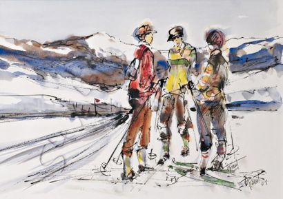 Jacques REVERSAT (1933-2007) Au Ski Aquarelle sur traits de plume, signée et datée...