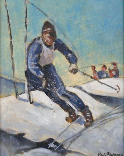 Alain BROQUERIE (artiste rennais XXe) Slalomeurs Paire d'huiles sur toile, signées....
