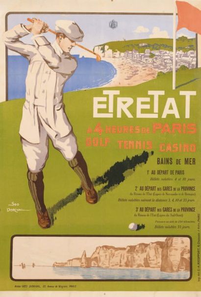 Golf Géo DORIVAL (1879-1968) Etretat ; Golfeur sur la falaise. (vers 1910) Lithographie...