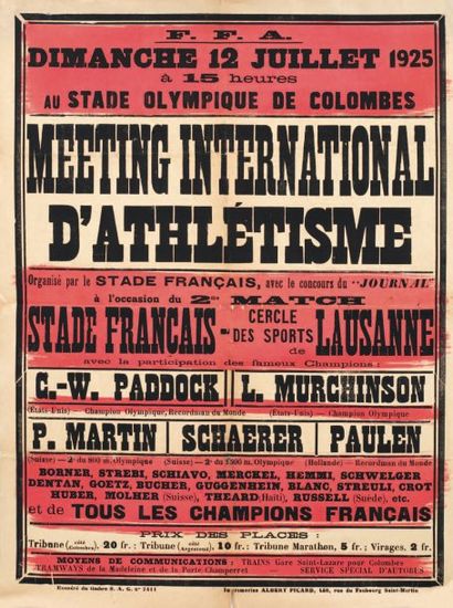 null Affiche pour le Meeting international d'Athlétisme au Stade Olympique de Colombes,...