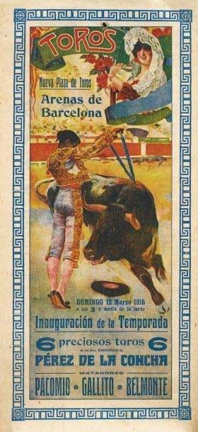 Tauromachie Arènes de Barcelone, 1915-1916 Trois affichettes en lithographie couleur....
