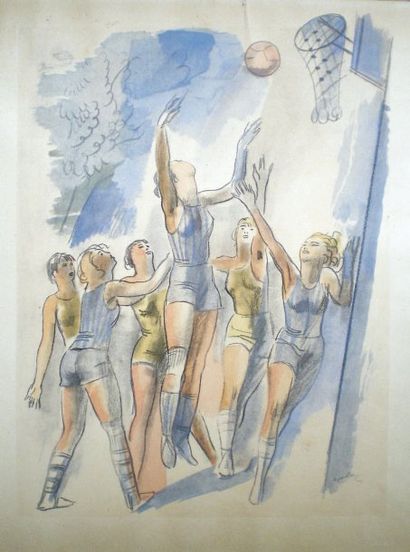 Basket-Ball Milivoy UZELAC (1897-1977) Match de basket féminin Pochoir signé dans...