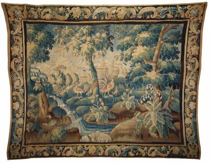 Tapisserie AUBUSSON, XVIIe siècle Verdure au château, cascade et gallinacés, avec...