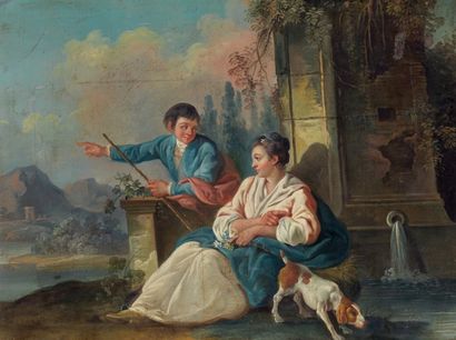 ECOLE FRANCAISE du XVIIIe siècle. Jeune pâtre et villageois conversant près d'une...