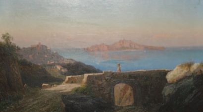 ECOLE NAPOLITAINE XIXe siècle. Paysage de Méditerranée. Huile sur toile. 44 x 64...