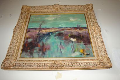 Maurice LEGRAND (1906) Paysage au lac. Huile sur toile, signée en bas à droite. 54...