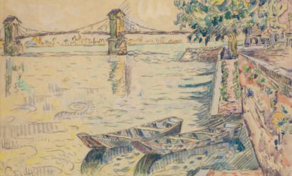 Paul SIGNAC (1863-1935) Le pont de Tirel. Aquarelle et mine de plomb, signée en bas...