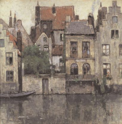Hendrick CASSIERS (1858-1944) Bruges. Huile sur carton, signée en bas à gauche. 45...