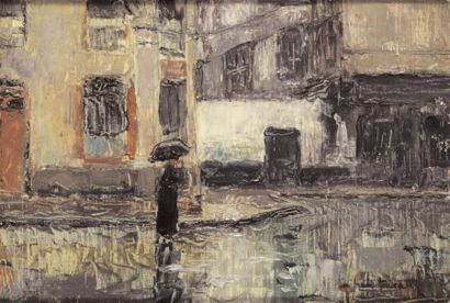 Jean THIEULIN (1894-1960) "Sous la pluie". Huile sur toile. Signée en bas à droite....