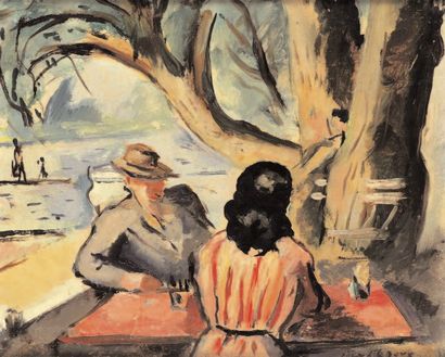 Charles PICART LE DOUX (1881-1959) Terrasse au bord d'une rivière. Huile sur panneau,...