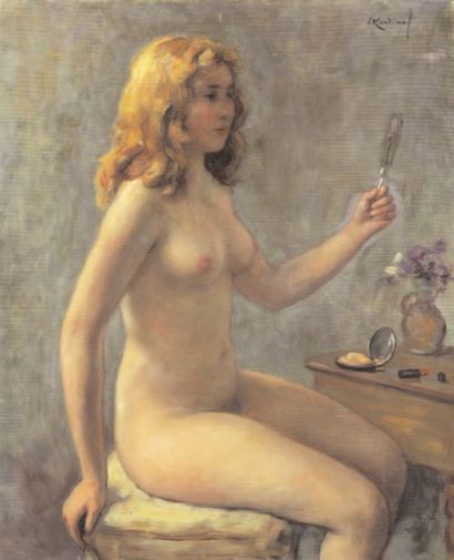 Emile Valentin CARDINAL (1883-1958) "Jeune fille nue au miroir". Huile sur toile,...