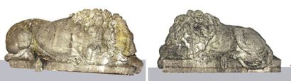 D'après Antonio CANOVA (1757-1822) Lions couchés Deux statues en marbre blanc formant... Gazette Drouot