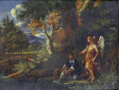 Attribué à Francesco COZZA (1605-1682) Paysage avec Tobie et l'Ange Huile sur toile....