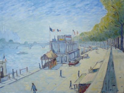 Atelier GUY PICHON (Cherbourg 1933 - Rouen 2007) « Quai, rivière » Huile sur toile...