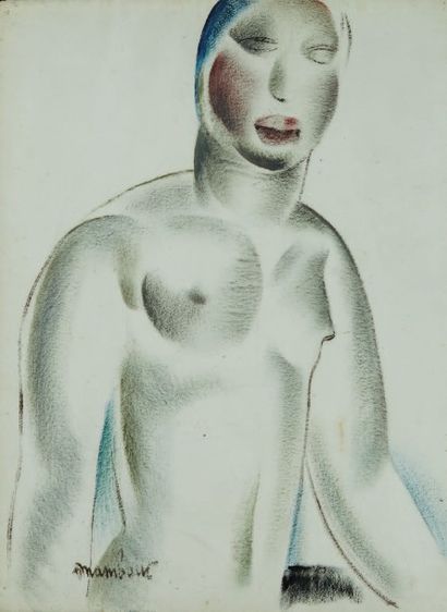 Auguste MAMBOUR (1896-1968) Nu africain.
Crayon de couleur et fusain, signé en bas...