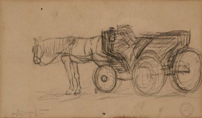 Rembrandt BUGATTI (1884-1916) L'Attelage (Le Fardier).
Crayon, signé du cachet d'atelier...