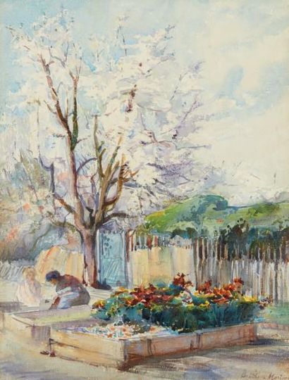 Dans le goût de Berthe MORISOT (1841-1895) Scène de jardin.
Aquarelle portant une...