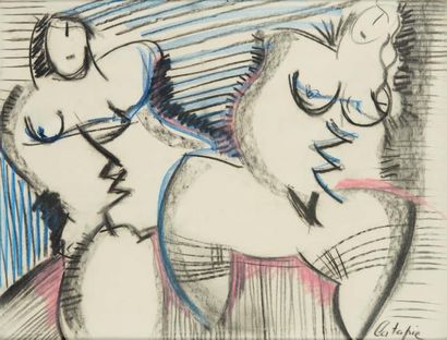 Louis LATAPIE (1891-1972) Deux Nus.
Fusain et crayons de couleur sur papier, signée...