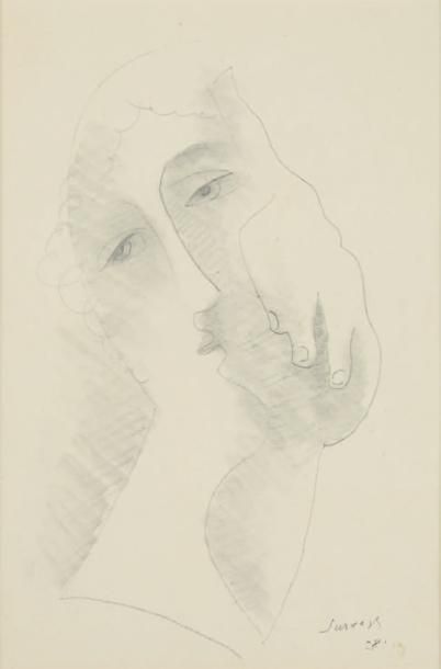 Leopold SURVAGE (1879-1968) Visage.
Crayon, signé en bas à droite, daté 28.
Cachet.
43...