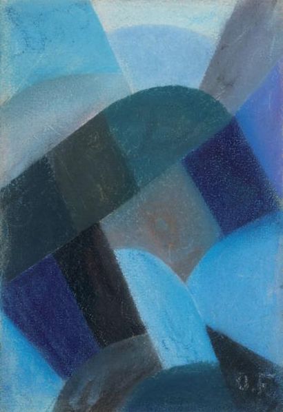 Otto FREUNDLICH (1878-1943) Composition bleue.
Pastel, monogrammé en bas à droite.
Etiquette...