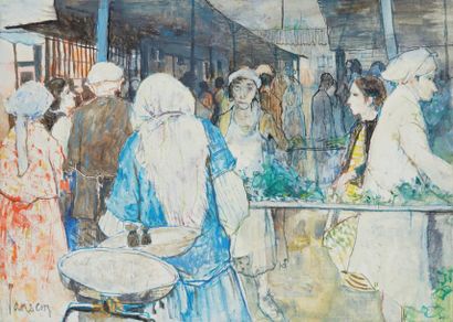 Jean JANSEM (1920 - 2013) «Scène de marché à la femme en bleu»
Huile sur toile signée...