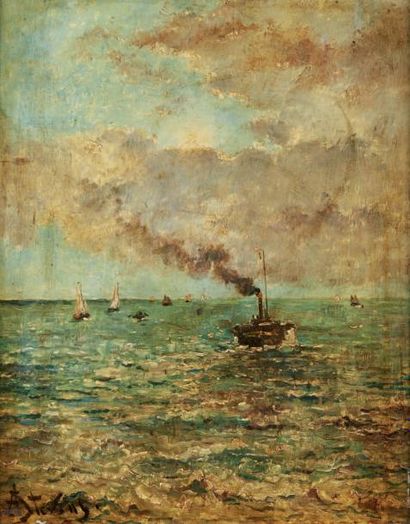 Alfred, Emile, Léopold STEVENS (1823-1906) Vapeur en mer parmi les voiliers.
Huile...