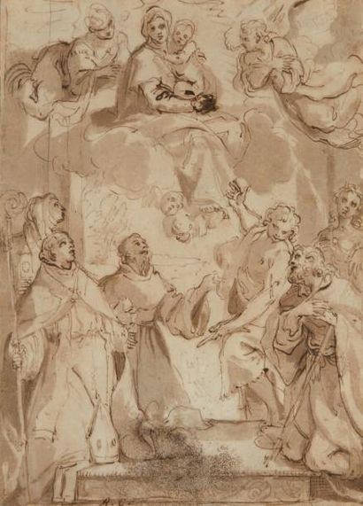ECOLE BOLONAIS du XVIIe siècle La Vierge en Gloire avec l’enfant Jésus et des saints

Plume,...