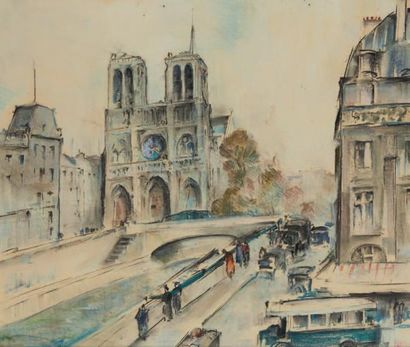 MACARIO VITALIS (1898-1990) La Seine et Notre Dame.
Aquarelle, signée en bas à droite.
41...